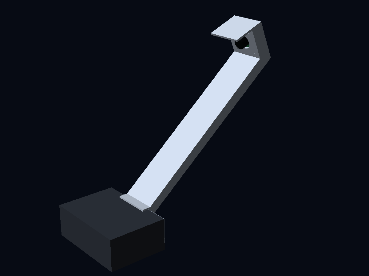 Render of one camera mount: a foot that clips to the board's edge, a long arm angled out from the board, and the camera box at its end with a visor over the lens