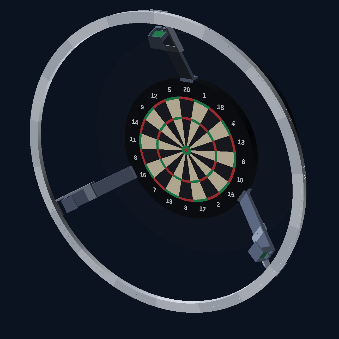 Render of the whole rig: a dartboard with a camera on an arm at 12, 4 and 8 o'clock, and a grey printed ring round the outside behind the cameras