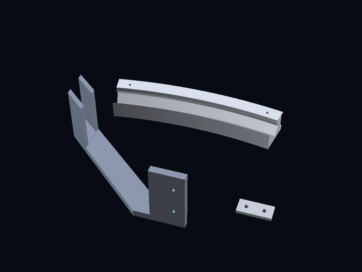Render of the ring light's printed parts laid out as they print: a curved ring section, a bracket and a small key